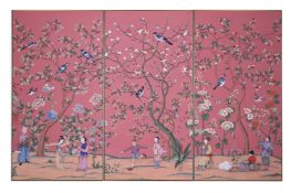 A SET OF THREE 'ABBOTSFORD' CHINOISERIE PATTERN PANELS HAND PAINTED ON FADED GLORY SLUB SILK