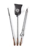A SET OF THREE VICTORIAN BRONZE HANDLED STEEL FIRE TOOLS, MID 19TH CENTURY