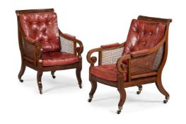A PAIR OF REGENCY MAHOGANY LIBRARY BERGERES, IN THE MANNER OF GILLOWS, CIRCA 1815