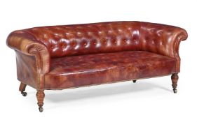 A LATE VICTORIAN WALNUT AND LEATHER UPHOLSTERED SOFA, SECOND QUATER 19TH CENTURY