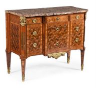 A TRANSITIONAL LOUIS XV/XVI AMARANTH, PARQUETRY, ORMOLU AND MARBLE COMMODE, FRENCH, CIRCA 1780