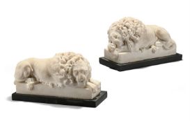 AFTER CANOVA, A PAIR OF ITALIAN WHITE MARBLE 'REZZONICO' LIONS, 19TH CENTURY