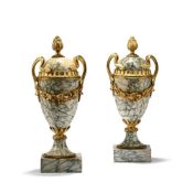 A PAIR OF FRENCH GILT BRONZE MOUNTED CIPPOLINO MARBLE URNS, LATE 19TH CENTURY