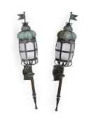 A LARGE PAIR OF ARTS AND CRAFTS COPPER FRAMED GLAZED WALL LANTERNS, CIRCA 1880-1900