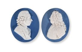 TWO WEDGWOOD & BENTLEY SOLID PALE-BLUE JASPER OVAL TITLED PORTRAIT PLAQUE