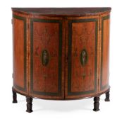 Y A GEORGE III SATINWOOD, ROSEWOOD CROSSBANDED AND POLYCHROME PAINTED DEMI LUNE COMMODE, CIRCA 1780