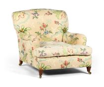 A WALNUT AND UPHOLSTERED ARMCHAIR, LATE 19TH OR 20TH CENTURY