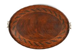 A GEORGE III MAHOGANY, SATINWOOD AND PENWORK DECORATED TRAY, CIRCA 1790