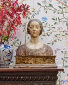 AN ITALIAN CARVED AND POLYCHROME PAINTED WOOD BUST OF A WOMAN, POSSIBLY 15TH CENTURY AND LATER