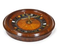 Y A REGENCY MAHOGANY, AMBOYNA AND SPECIMEN WOOD ROULETTE WHEEL, CIRCA 1820