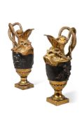 A PAIR OF PATINATED AND GILT METAL MODELS OF EWERS, IN THE CLASSICAL MANNER, 20TH CENTURY