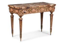 AN ITALIAN POLYCHROME PAINTED, PARCEL GILT AND ONYX NEOCLASSICAL CONSOLE TABLE, LATE 18TH CENTURY