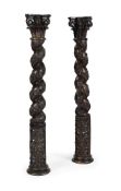 A PAIR OF ITALIAN CARVED AND STAINED WOOD SOLOMONIC COLUMNS, LATE 17TH CENTURY