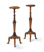 A PAIR OF ANGLO-DUTCH BURR WALNUT, WALNUT AND MARQUETRY TORCHERE STANDS, 18TH CENTURY