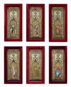 A SET OF SIX EMBROIDERED VESTMENT OR SHRINE PANELS, POSSIBLY FRENCH, 19TH CENTURY