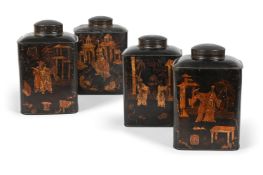 A SET OF FOUR JAPANNED AND GILT TOLE PEINTE TEA CANNISTERS, EARLY 20TH CENTURY