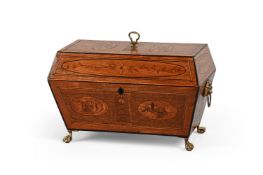 Y AN UNUSUAL GEORGE III IRISH MAHOGANY, ARBUTUS AND MARQUETRY TEA CADDY, CIRCA 1800