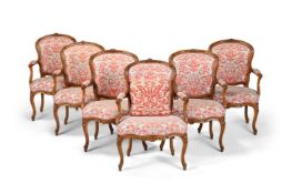 A SET OF SIX BEECH UPHOLSTERED OPEN ARMCHAIRS, FRENCH, IN LOUIS XV STYLE, 19TH CENTURY