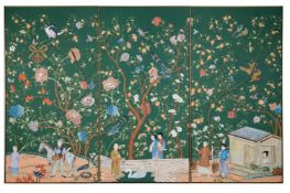A SET OF THREE 'ABBOTSFORD' CHINOISERIE PATTERN PANELS HAND PAINTED ON MYRTLE INDIA TEA PAPER