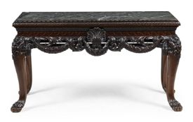A CARVED WALNUT AND SERPENTINE MARBLE TOPPED SIDE OR CONSOLE TABLE, LATE 19TH TO EARLY 20TH CENTURY