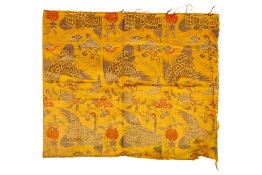 antique piece of Tibetan textile in silk with gold threads depicting cranes and fruits