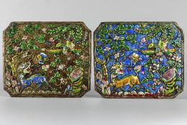 pair of antique Chinese, probably Qing period, reliefs in enameled metal with a polychrome decor wit