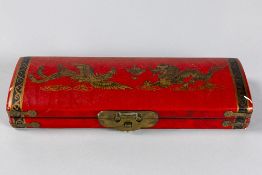 Chinese pen box in red lacquered wood with a decor with dragon and phoenix in gold