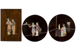 two round and one rectangular antique Chinese rose-wood panels with incrusted figures in soapstone