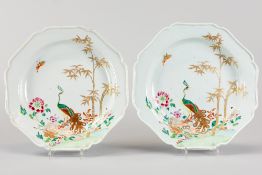 pair of nice 18th Cent. Chinese octagonal dishes in porcelain with a Famille Rose decor with a peaco