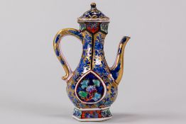 cute 18th Cent. Chinese teapot with quite special design in porcelain with a polychrome decor, partl
