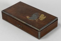 antique Japanese ink box in wood with a decor with cocks on the lid and inside a lacquerware decor