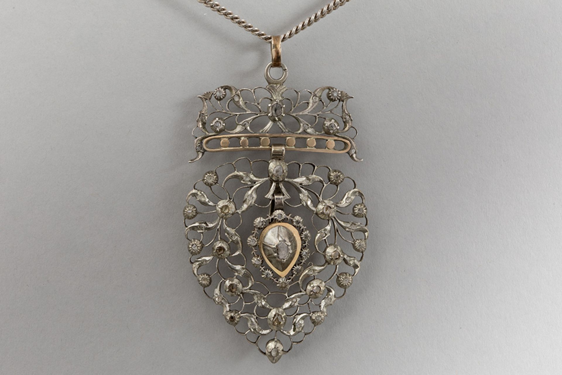 antique, presumably Flemish, heart-shaped pendant in silver and gold with rose cut diamonds  -  with