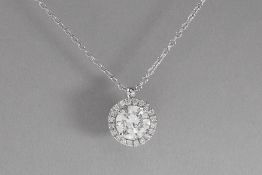 pendant in white gold (18 carat) with a central 1 carat high quality brilliant cut diamond surrounde