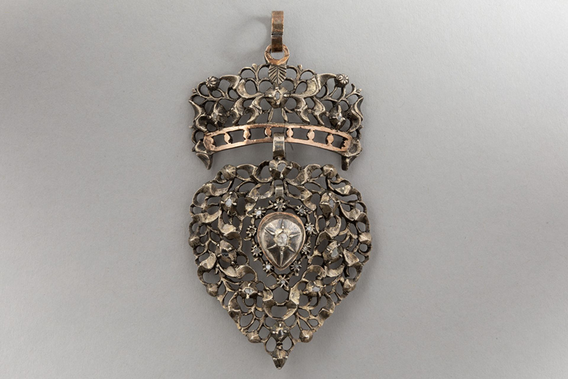 antique, presumably Flemish, heart-shaped pendant in silver and gold with rose cut diamonds