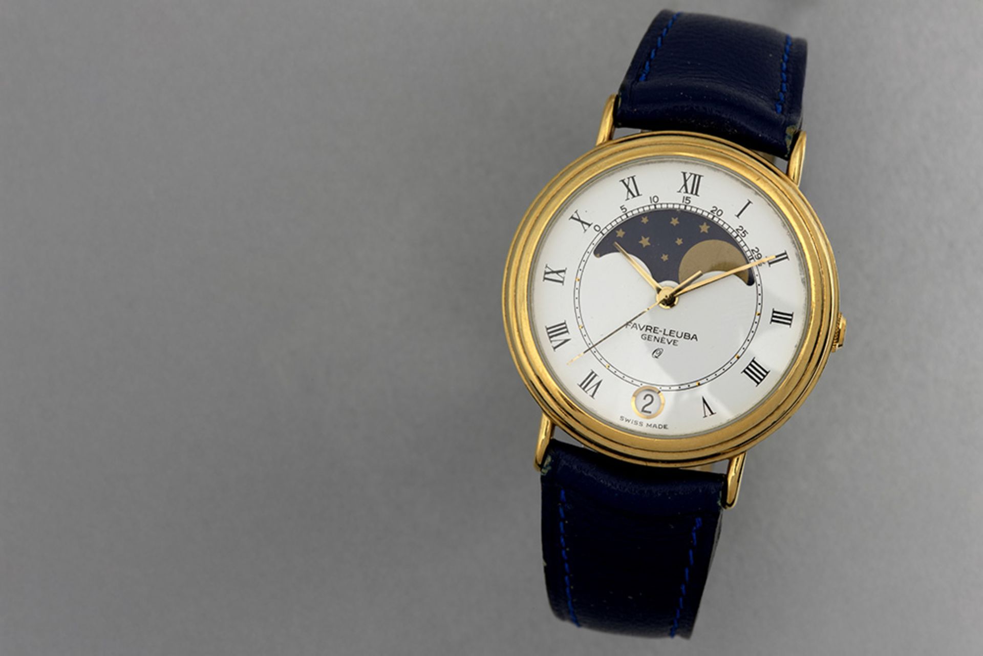 Favre-Leuba marked quartz wristwatch in gold on steel with moonphase and date - with its box