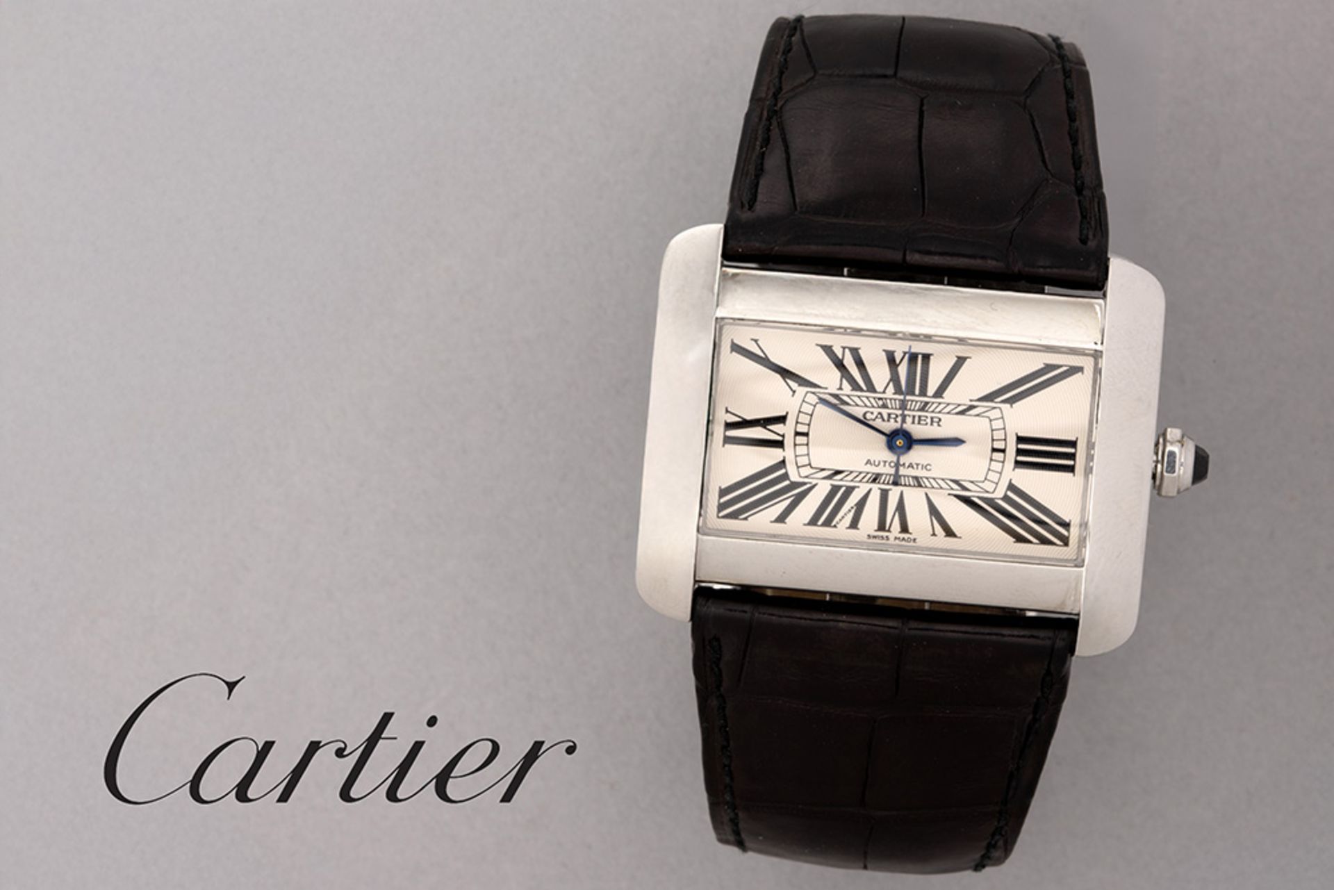 completely original automatic Cartier marked "Tank Diva" wristwatch in steel with original strap and