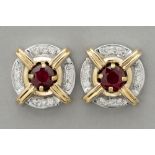 pair of earrings in yellow and white gold (18 carat) with ca 1 carat of rubies and ca 0,30 carat of 