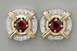 pair of earrings in yellow and white gold (18 carat) with ca 1 carat of rubies and ca 0,30 carat of