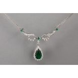 elegant necklace with pendant in white gold (18 carat) with ca 2 carat of emeralds and ca 0,90 carat