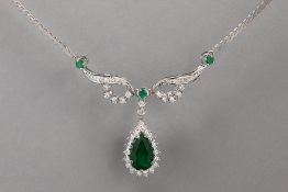 elegant necklace with pendant in white gold (18 carat) with ca 2 carat of emeralds and ca 0,90 carat