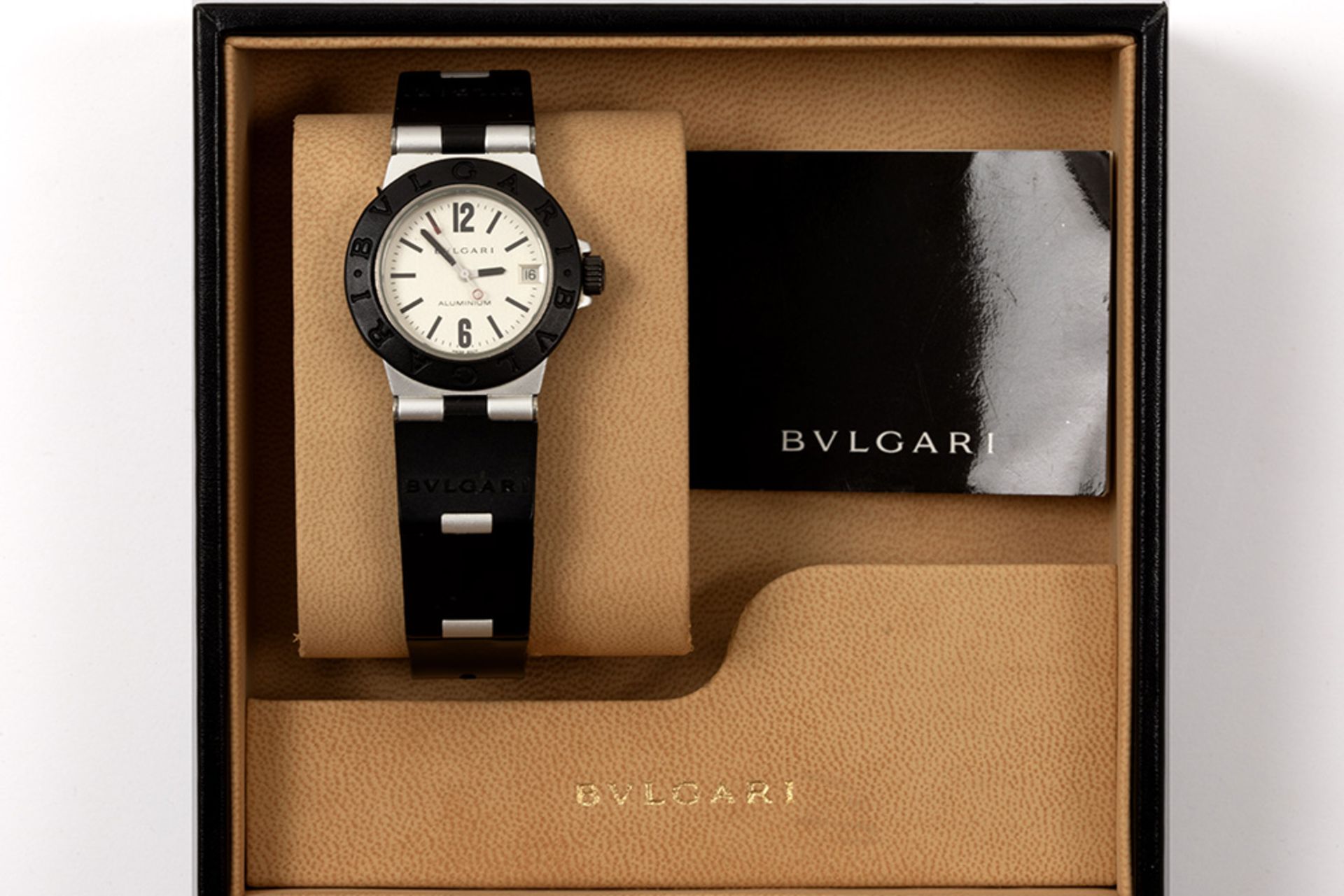 completely original quartz Bulgari marked ladies' wristwatch in aluminum and rubber  - with is box a - Bild 3 aus 3