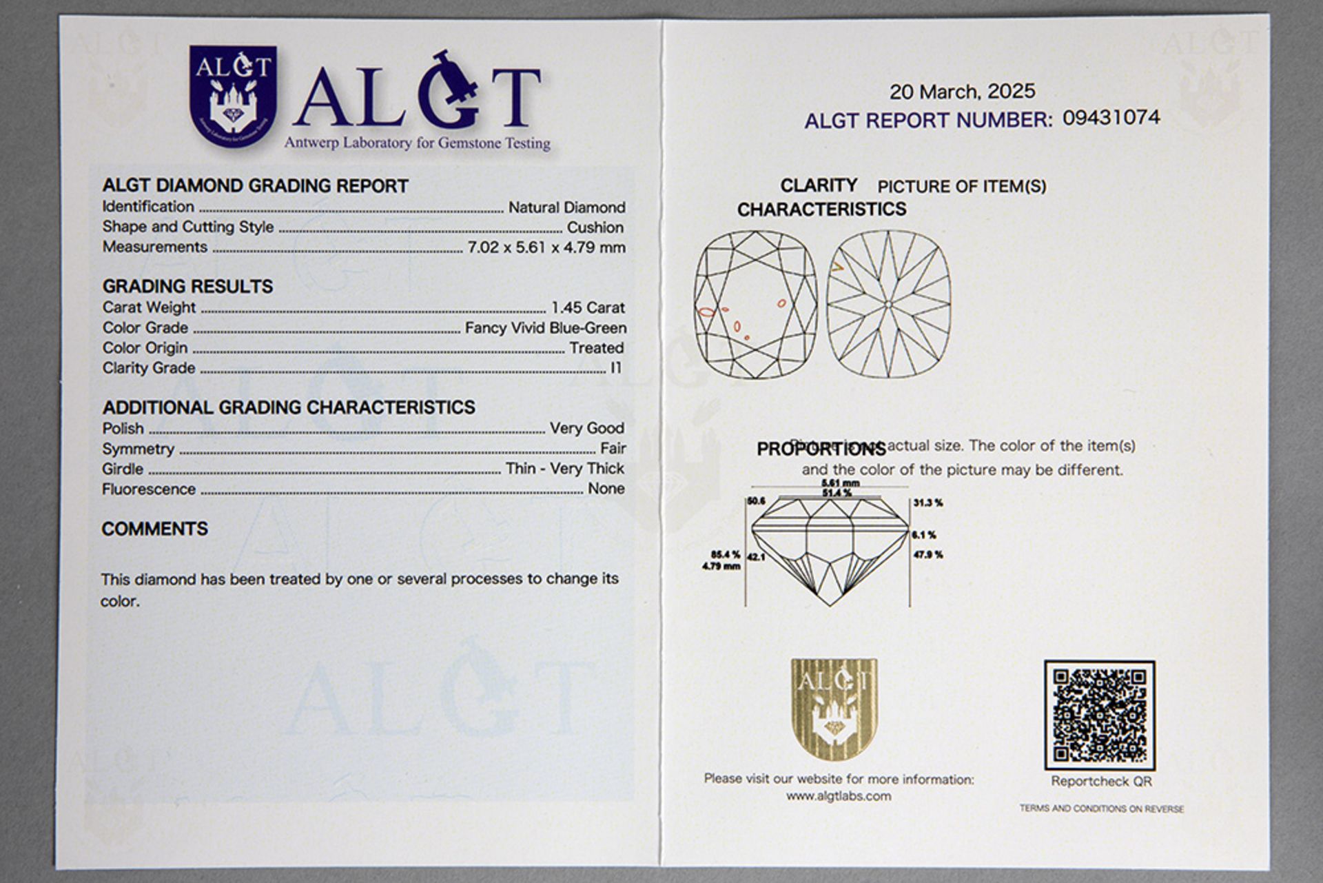 classy ring in platinum with a 1,45 carat natural "Vivid Blue-Green" color quality cushion cut diamo - Bild 3 aus 3