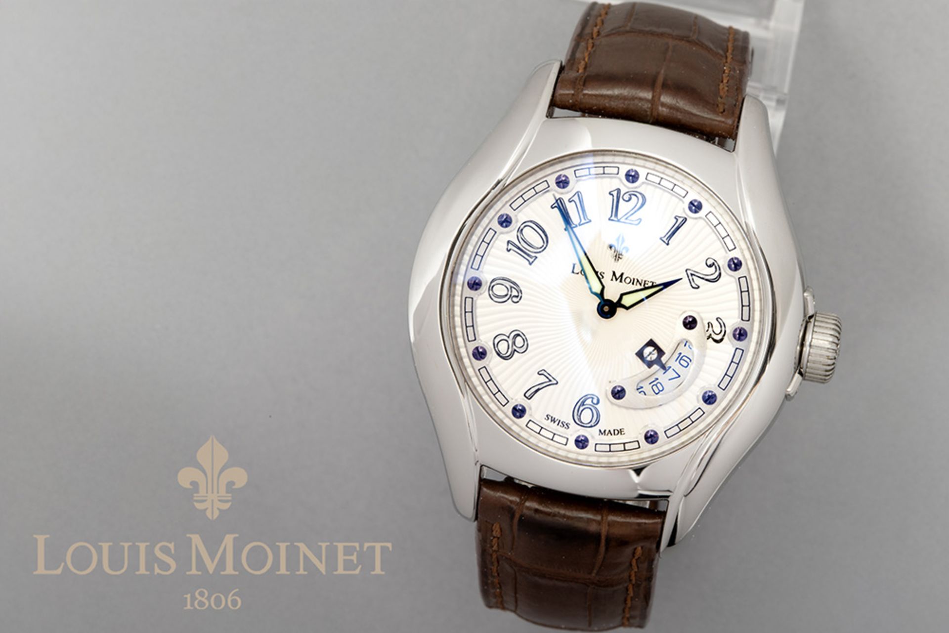 completely original Louis Moinet marked "Date Scope" automatic skeleton wristwatch in steel - with i