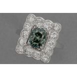 classy ring in platinum with a 1,45 carat natural "Vivid Blue-Green" color quality cushion cut diamo