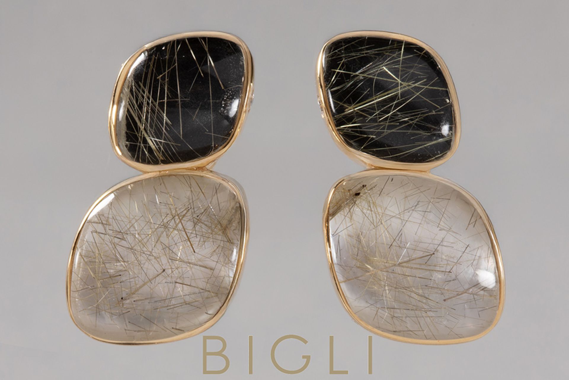 pair of Bigli signed 'Mini Sweety' design earrings in rose gold (18 carat) each with two cabochons o