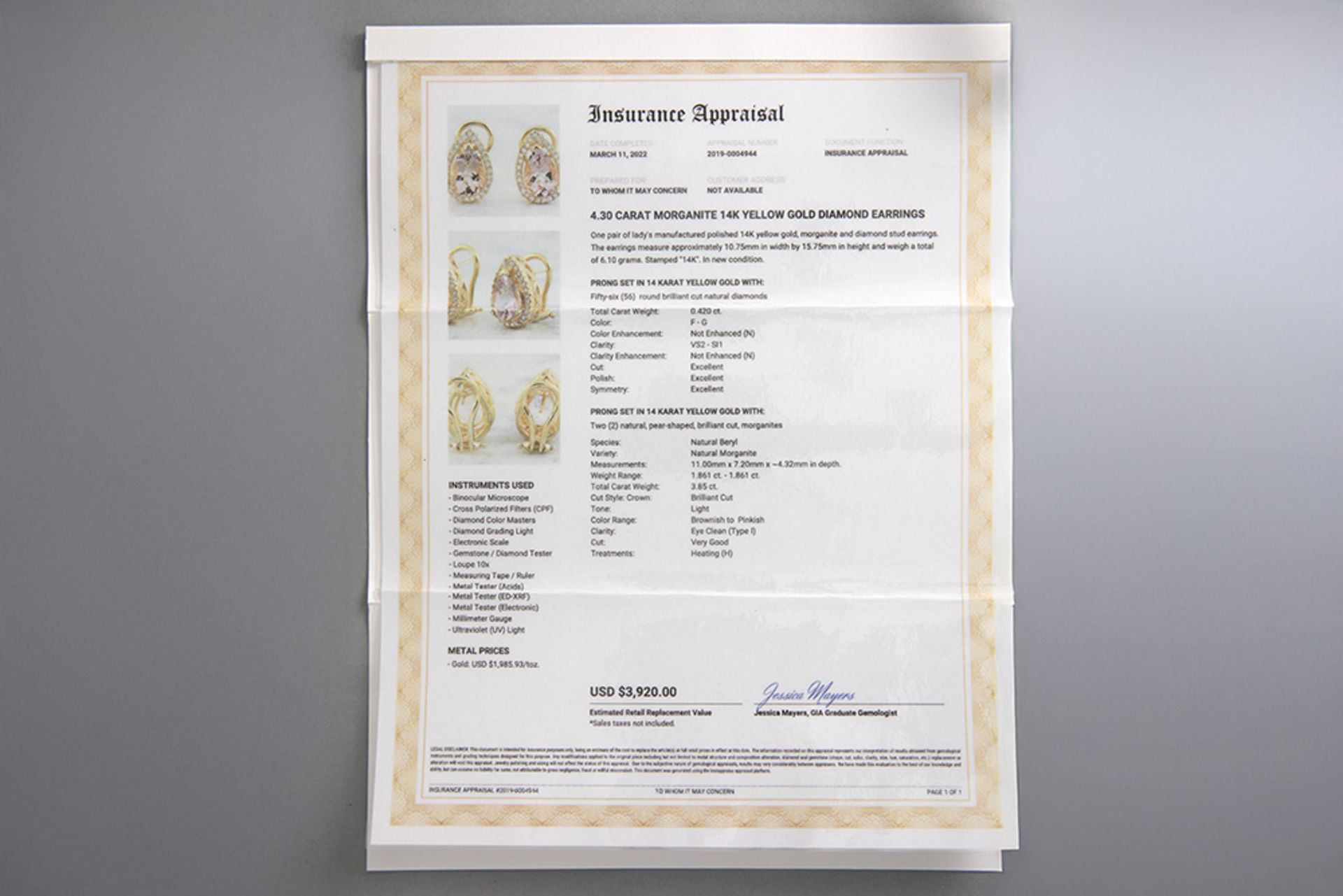 pair of drop-shaped earrings in yellow gold (14 carat) with 3,85 carat of morganite with nice light  - Bild 3 aus 3