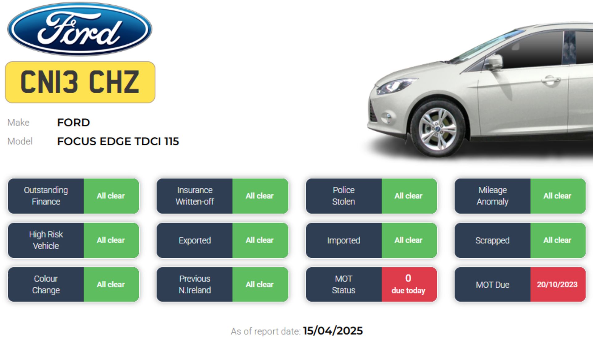 2013 FORD FOCUS EDGE TDCI 115 – 1.6 DIESEL – WHITE – MANUAL >>--NO VAT ON HAMMER--<< - Image 12 of 12