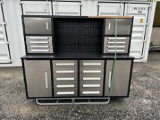 UNUSED 7FT STAINLESS STEEL WORKBENCH, 18 DRAWERS, 4 CABINETS