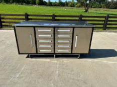 UNUSED 7FT STAINLESS STEEL WORKBENCH, 10 DRAWERS & 2 CABINETS