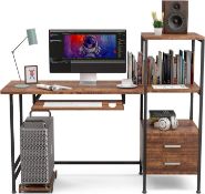 MECOR COMPUTER DESK 2 DRAWER/KEYBOARD TRAY, 55" WORKSTATION FOR HOME OFFICE WALNUT BROWN
